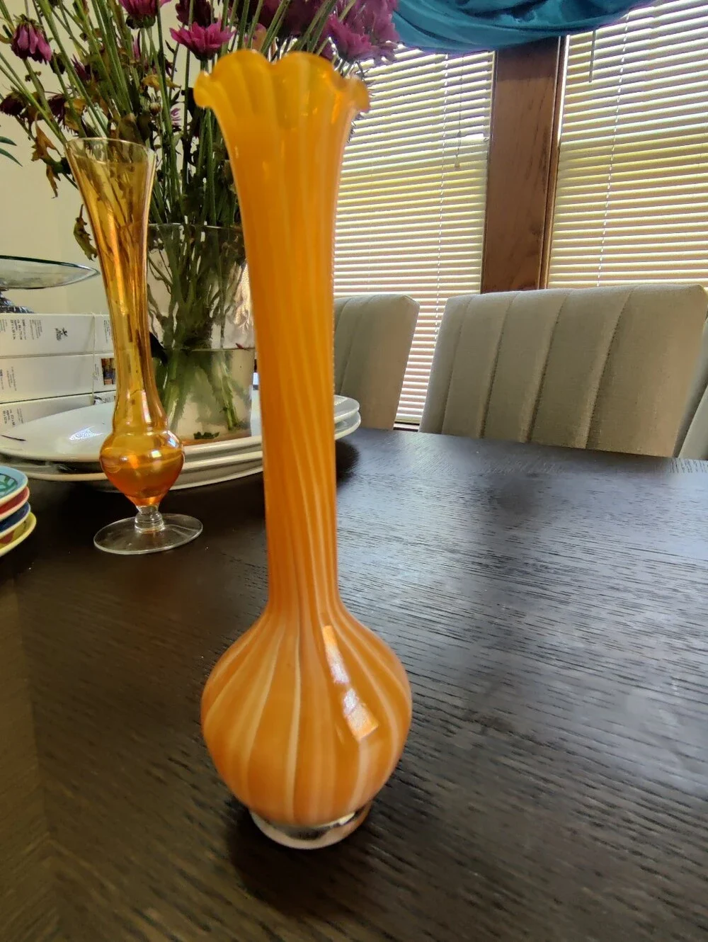 Orange And White Striped Glass Bud Vase - Unbranded